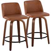 Toriano 24" Swivel Counter Stool in Walnut Wood & Camel Leatherette with Black Footrest (Set of 2)